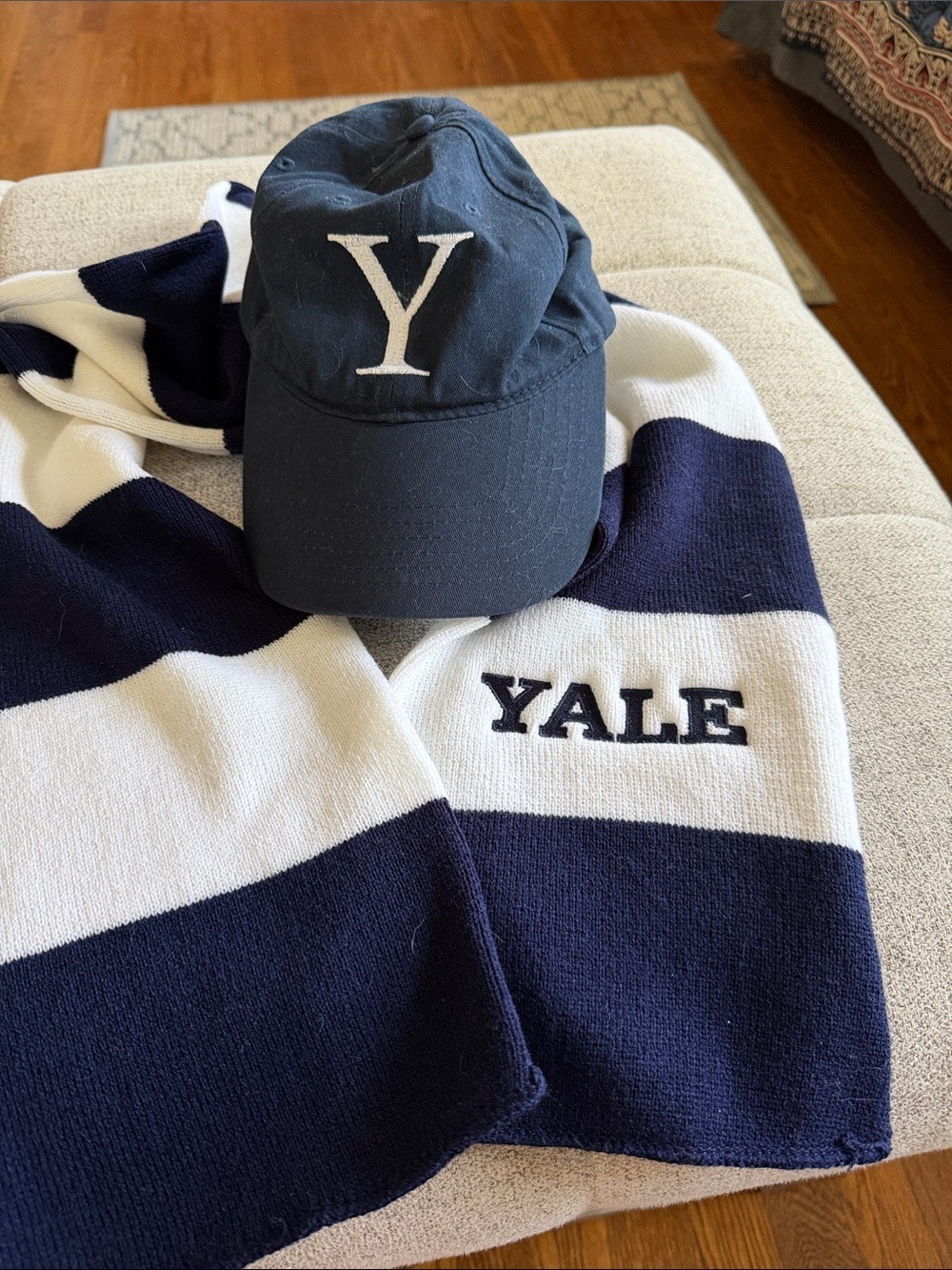 Yale University Classic Navy Blue Baseball Cap & Navy White Stripe Scarf Set - Picture 9 of 9